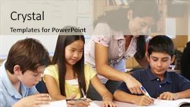  Presentation with class - Beautiful PPT theme featuring informal education - teacher and schoolchildren in class backdrop and a soft green colored foreground