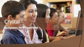  Presentation with class - Slide set consisting of informal education - teacher and schoolchildren in class background and a tawny brown colored foreground