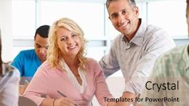  Presentation with med student in class - Presentation theme enhanced with informal education - tutor helping student in class background and a coral colored foreground