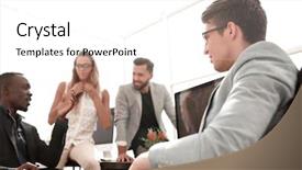  Presentation with new business ideas - PPT theme featuring informal organization management - business team discussing new ideas background and a white colored foreground