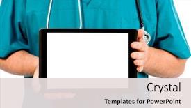 Presentation with hands holding black tablet - PPT layouts consisting of health information - doctor's hands holding the tablet background and a lemonade colored foreground