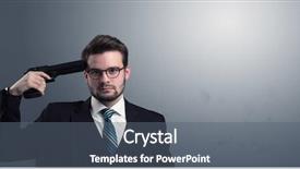  Presentation with shooting gun - Audience pleasing slides consisting of information carriers - young lost businessman man shooting backdrop and a gray colored foreground