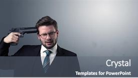  Presentation with shooting gun - PPT theme enhanced with information carriers - young lost businessman man shooting background and a  colored foreground