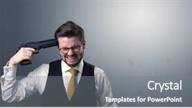  Presentation with shooting gun - Slides having information carriers - young lost businessman man shooting background and a  colored foreground