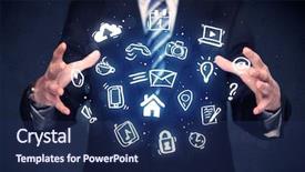  Presentation with multimedia - Amazing theme having information collection - blue multimedia icons backdrop and a navy blue colored foreground