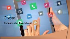  Presentation with colorful finger painted hands - Cool new slides with information collection - female fingers touching tablet backdrop and a light blue colored foreground