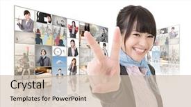  Presentation with give - Presentation theme enhanced with confident asian business woman give you a victory sign and standing in front of tv screen wall closeup portrait background and a soft green colored foreground