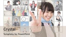  Presentation with give - Audience pleasing slide deck consisting of confident asian business woman give you a victory sign and standing in front of tv screen wall closeup portrait backdrop and a soft green colored foreground