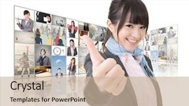  Presentation with give - Slide set with confident asian business woman give you a excellent sign standing in front of tv screen wall closeup portrait background and a soft green colored foreground