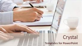  Presentation with team working together - Amazing PPT theme having caucasian smiling woman with salat backdrop and a mint green colored foreground