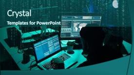  Presentation with cyber attack - Presentation with information governance - wanted hackers coding virus ransomware background and a ocean colored foreground