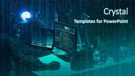  Presentation with information system - Presentation theme featuring information governance - wanted hackers coding virus ransomware background and a navy blue colored foreground