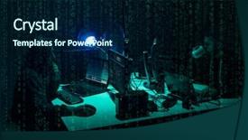  Presentation with cyber attack - Presentation theme enhanced with information governance - wanted hackers coding virus ransomware background and a navy blue colored foreground