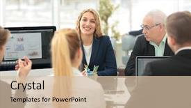  Presentation with teamwork cooperation - Presentation theme having information manager - business people team teamwork cooperation background and a soft green colored foreground