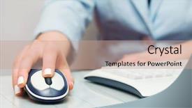  Presentation with hand shake computer - PPT theme having information manager - female hand holding computer mouse background and a coral colored foreground