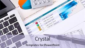  Presentation with workplace - Cool new PPT theme with information manager - graphs charts business table backdrop and a light blue colored foreground