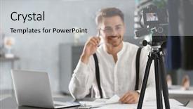  Presentation with sustainable fashion - Beautiful slide deck featuring information model - young fashion blogger recording video backdrop and a light gray colored foreground