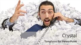  Presentation with paper - Beautiful PPT layouts featuring information overload - man with lots of crumpled backdrop and a  colored foreground
