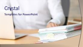  Presentation with stack - Beautiful PPT layouts featuring information overload - stack of documents on office backdrop and a sky blue colored foreground