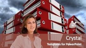  Presentation with piles - PPT layouts with information overload - woman sitting at her desk background and a tawny brown colored foreground