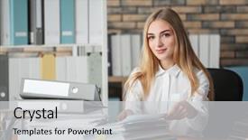  Presentation with information - Slides enhanced with information overload - young woman with stack background and a  colored foreground