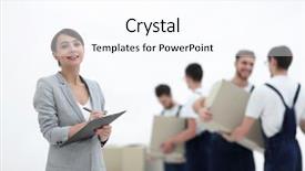  Presentation with sports manager - Slides featuring information presse logistique - woman manager holding clipboard background and a cool aqua colored foreground