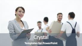  Presentation with crime tape blurred forensic - PPT theme having information presse logistique - woman manager holding clipboard background and a ocean colored foreground