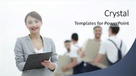  Presentation with blurred vision - Beautiful PPT theme featuring information presse logistique - woman manager holding clipboard backdrop and a pink colored foreground