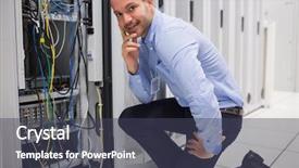  Presentation with servers - Slides with information services - smiling man checking the servers background and a tawny brown colored foreground