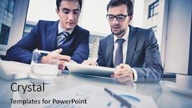  Presentation with meeting - Slide deck with information sharing - image of two young businessmen background and a light blue colored foreground