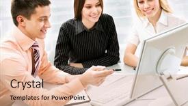  Presentation with monitor computer - Audience pleasing PPT theme consisting of information sharing - successful businessman and his pretty backdrop and a coral colored foreground