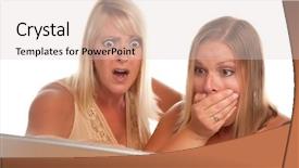  Presentation with women - Cool new presentation design with information sharing - two shocked women using laptop backdrop and a  colored foreground