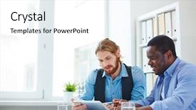  Presentation with data - Beautiful PPT theme featuring businessmen in casual discussing data backdrop and a white colored foreground