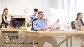  Presentation with finance - Cool new PPT theme with information exchange - young people working in office backdrop and a coral colored foreground