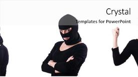  Presentation with computer hacker - Presentation theme having information technology collage - hacker with computer wearing balaclava background and a light gray colored foreground