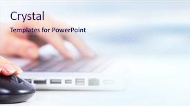  Presentation with computer - Beautiful PPT theme featuring information technology collage - hands typing on computer laptop backdrop and a sky blue colored foreground