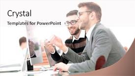  Presentation with coworkers - Colorful presentation theme enhanced with information technology documentation - coworkers working in sunny office backdrop and a white colored foreground