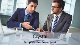  Presentation with new office - Presentation theme enhanced with information technology documentation - male colleagues discussing new project background and a  colored foreground