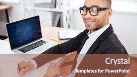  Presentation with desk - Audience pleasing PPT theme consisting of information technology documentation - young businessman looking at camera backdrop and a  colored foreground