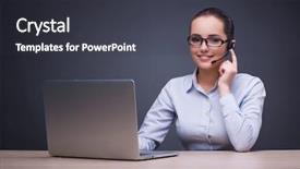  Presentation with desk - Theme having information technology outsource - businesswoman sitting at her desk background and a  colored foreground