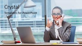  Presentation with call center - Cool new slide deck with information technology outsource - call center operator in business backdrop and a  colored foreground