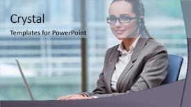  Presentation with call center - Colorful theme enhanced with information technology outsource - call center operator in business backdrop and a  colored foreground