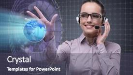  Presentation with call center - Presentation design enhanced with information technology outsource - call center operator in global background and a  colored foreground