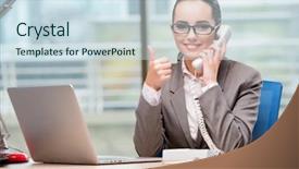  Presentation with call center software - Colorful presentation theme enhanced with information technology outsource - call center operator working backdrop and a  colored foreground