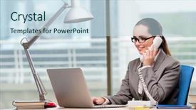  Presentation with call center - Beautiful theme featuring information technology outsource - call center operator working backdrop and a  colored foreground