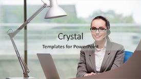  Presentation with call center - Cool new slides with information technology outsource - call center operator working backdrop and a  colored foreground