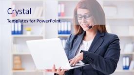  Presentation with call center - Presentation theme featuring information technology outsource - call center operator working background and a sky blue colored foreground