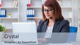  Presentation with call center management - PPT theme having information technology outsource - call center operator working background and a  colored foreground