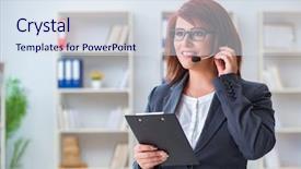  Presentation with call center - Slide set featuring information technology outsource - call center operator working background and a  colored foreground