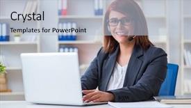  Presentation with call center management - Cool new theme with information technology outsource - call center operator working backdrop and a light blue colored foreground